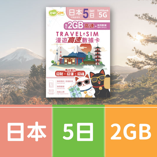 OH! SIM 日本 5天 漫遊高速數據卡 (每天首2GB高速+無限數據)