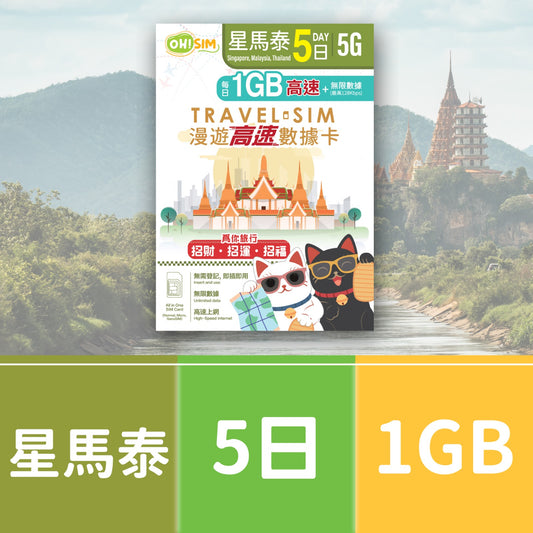 OH! SIM 星馬泰 5天 漫遊高速數據卡 (每天首1GB高速+無限數據)